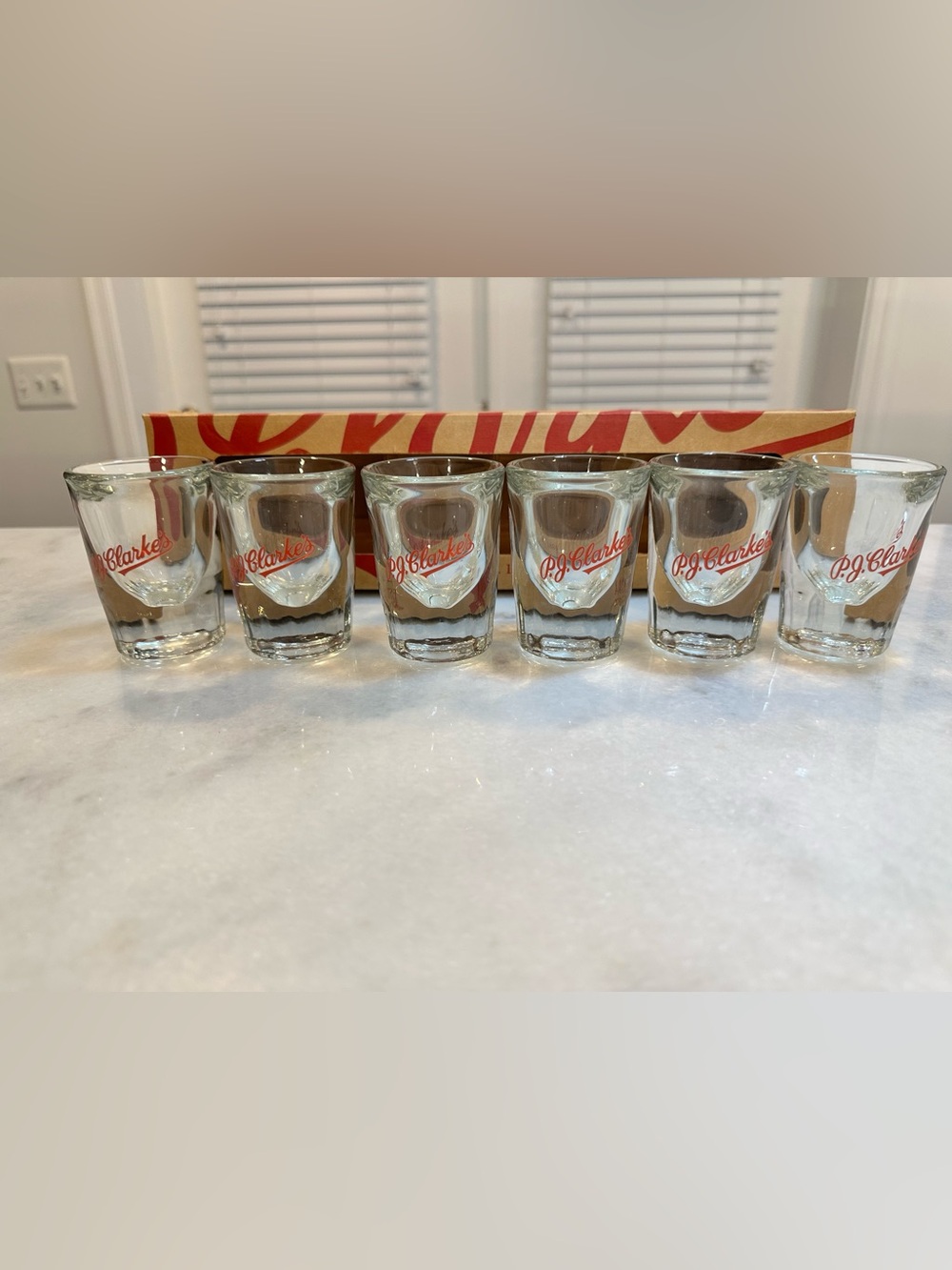 P.J. Clarke's Red Script Shot Glasses - Set of 6
